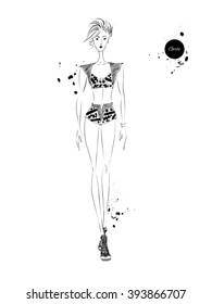 Vector fashion model. Vector sketch silhouette. Dress pencil sketch. Vector fashion outline. Vector style  lady. Vector fashion girl. Magazine cover. Vector design elements