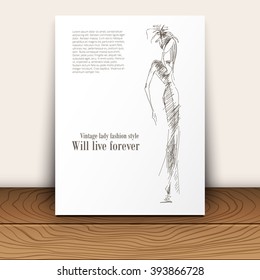 Vector fashion model. Vector sketch silhouette. Vector vintage lady. Dress pencil sketch. Vector fashion outline. Vector style  lady. Vector fashion girl.