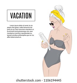 Vector fashion model woman in swimsuit reading magazine. Summer vacation trendy drawing. Casual glamour artwork. City outfit poster with hot girl.