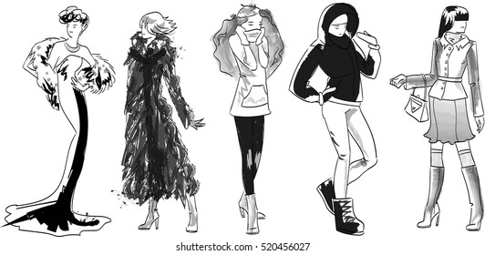 Vector, fashion models, sketch hand drawn, winter set