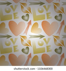 Vector fashion Modern background for girls. Seamless pattern with girl symbols in pop art style in yellow, orange and white colors. Contain of arrow, hearts, kiss, lips, love text in dots for textile.