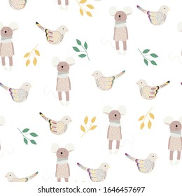 Vector fashion mouse and bird seamless pattern. Cute mouse illustration in sketch style. Cartoon animals background.  Ideal for fabric, wallpaper, wrapping paper, textile, bedding, t-shirt print.