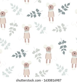 Vector fashion mouse seamless pattern. Cute mouse illustration in sketch style. Cartoon animals background.  Ideal for fabric, wallpaper, wrapping paper, textile, bedding, t-shirt print.