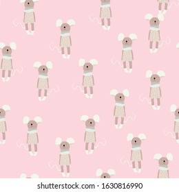 Vector fashion mouse seamless pattern. Cute mouse illustration in sketch style. Cartoon animals background.  Ideal for fabric, wallpaper, wrapping paper, textile, bedding, t-shirt print. 