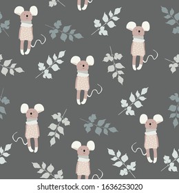 Vector fashion mouse seamless pattern. Cute mouse illustration in sketch style. Cartoon animals background.  Ideal for fabric, wallpaper, wrapping paper, textile, bedding, t-shirt print.