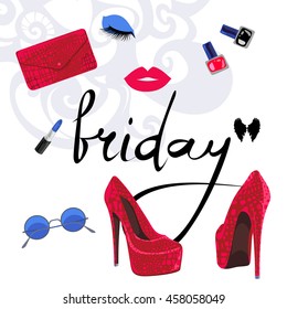 Vector fashion objects for woman - sign Friday