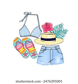 Vector fashion on the beach with white background.