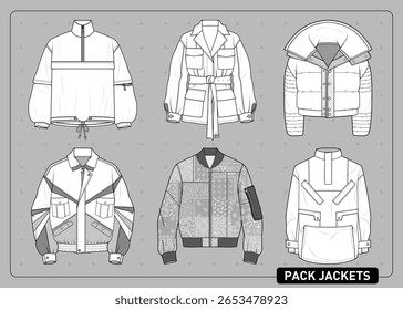Moda vetor de seis jaquetas urbanas com esboços planos detalhados. Ideal para design de roupas de rua, padrões de costura e referências de moda para o desenvolvimento de roupas.