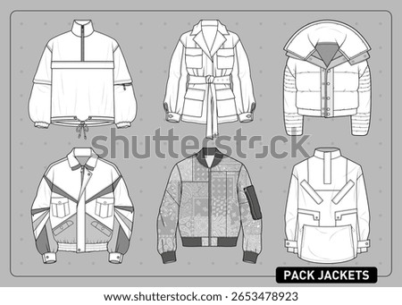Vector fashion pack jackets with detailed flat sketches. Ideal for streetwear design, sewing patterns, and fashion references for apparel development.