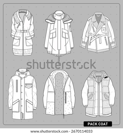 Vector fashion pack with six coat designs: belted coat, parka, shearling jacket, quilted coat, faux fur coat and puffer vest. Detailed seams, technical flats for apparel design resources