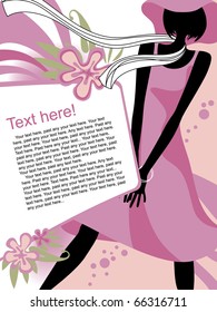 Vector fashion page with black silhouette of the girl in light-pink dress