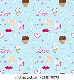 Vector fashion pattern. Girly seamless texture design. Girl power.