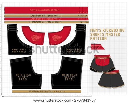 Vector fashion pattern of men’s kickboxing shorts, showing graded sizes S–XL, detailed construction panels, technical outlines, and structured layout ideal for apparel designers and pattern developers