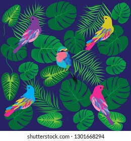 Vector fashion pattern of palm colorful leaves and beautiful tropical birds. Tropic graphic. Spring summer collection.