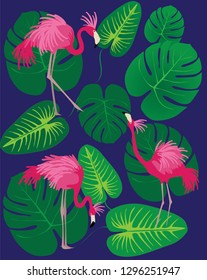 Vector fashion pattern of palm green leaves and pink flamingo. Tropic graphic. Spring summer collection.