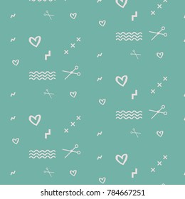 Vector fashion pattern with white scissors and white cross and white heart on green background