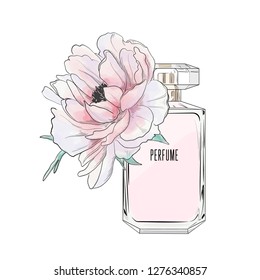 Vector fashion  peony flower and perfume bottle illustration. Hand drawn botanical sketch. Romantic drawing wedding design