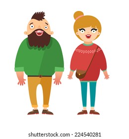 Vector fashion people, hipster boyfriend and girlfriend. Man and woman couple in flat design