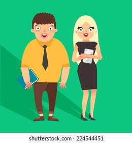 Vector fashion people, office workers. Businessman and businesswoman couple in flat design