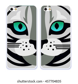 Vector fashion phone case. Colorful cover with cat, tiger. Decorative hand drawn background for your gadget 