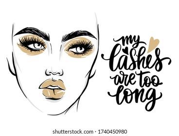 Vector fashion poster with lashes quote and woman portrait with golden makeup. Motivation and inspiration phrase for beauty blogs, lash extension makers, artists, stylists.