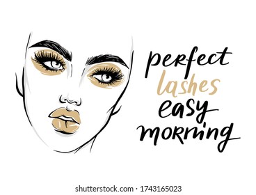 Vector fashion poster with lashes quote and woman portrait with golden makeup. Motivation and inspiration phrase for beauty blogs, lash extension makers, artists, stylists.