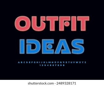 Vector fashion poster Outfit Ideas Futuristic style Font. Blue Jeans Alphabet Letters and Numbers set.
