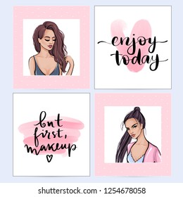 Vector fashion posters with positive quotes and girl. Motivation and inspiration quotes for girls room, cards, wall decoration. Home decor photo frame with inspirational phrases.