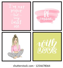 Vector fashion posters with positive quotes and girl. Motivation and inspiration quotes for girls room, cards, wall decoration. Home decor photo frame with inspirational phrases.