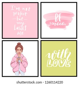 Vector fashion posters with positive quotes and cute girl. Motivation and inspiration quotes for girls room, cards, wall decoration. Home decor photo frame with inspirational phrases.
