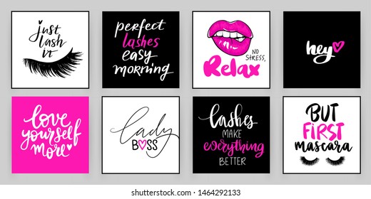 Vector fashion posters with positive quotes about lashes, makeup, lady boss. Motivation and inspiration cards for girls room, wall decoration. Decor photo frame with inspirational phrases.