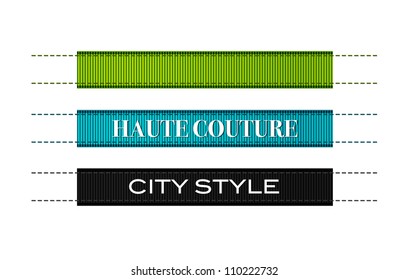 Vector fashion ribbon textured clothing labels with stitches, green, blue and black