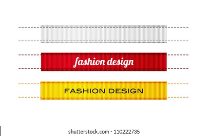 Vector fashion ribbon textured clothing labels with stitches, white red and yellow