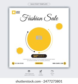 Vector fashion sale post template for social media websites like Facebook, Instagram and Twitter. Graphics design post template with model's photo placing space. Discount sale offer ad design.