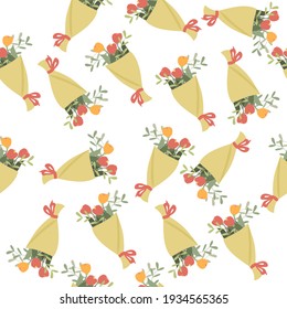 Vector fashion seamless pattern with bouquets of tulips on a white background