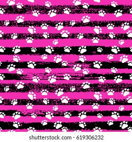Vector fashion seamless pattern with cat's trace, hand drawn stripes. Pop art ink fabric texture.