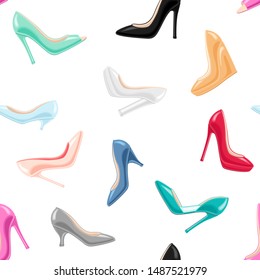 Vector fashion seamless pattern with colorful stylish glamour heel shoes on white background 