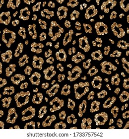 Vector Fashion Seamless Pattern With Gold Glitter Leopard Fur Texture. Sparkle Animal Skin Print On Black Background