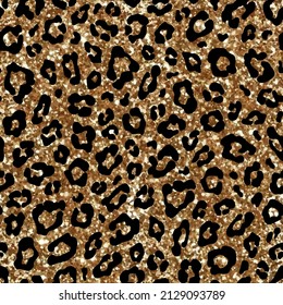 Vector fashion seamless pattern with gold glitter leopard fur texture. Sparkle animal skin print on black background