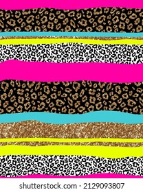 Moda vectorial sin fisuras con brillo dorado y textura de piel de leopardo. Impresión de la piel de animal espumoso sobre fondo de rayas brillantes