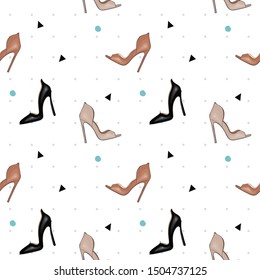 Vector fashion seamless pattern. Hand drawn fashion sketch with high heel shoes and geometric elements. Isolated on white background.