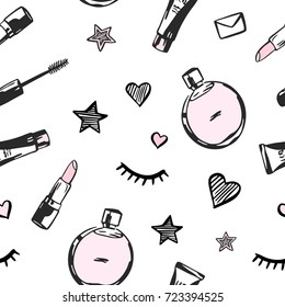 Vector fashion seamless pattern. Hand drawn fashion illustration with cosmetics, perfume, lipstick and others. Objects isolated on white. Beauty vector illustration