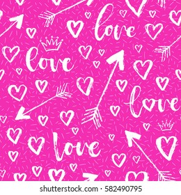 Vector fashion seamless pattern with hearts on Happy Valentines Day. Doodle style