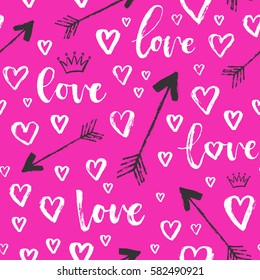 Vector fashion seamless pattern with hearts on Happy Valentines Day. Doodle style
