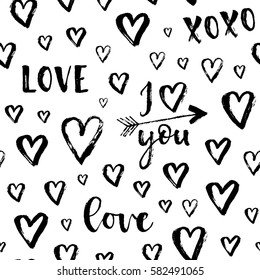 Vector fashion seamless pattern with hearts on Happy Valentines Day. Doodle style