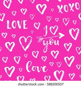 Vector fashion seamless pattern with hearts on Happy Valentines Day. Doodle style