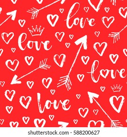 Vector fashion seamless pattern with hearts on Happy Valentines Day. Doodle style