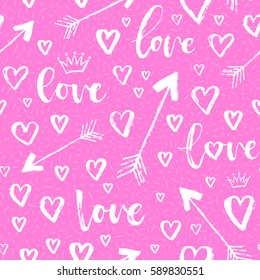 Vector fashion seamless pattern with hearts on Happy Valentines Day. Doodle style
