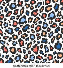 Vector fashion seamless pattern with leopard fur texture. Colorful animal skin print on white background 