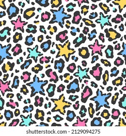 Vector fashion seamless pattern with leopard fur texture and stars. Colorful animal skin print on white background